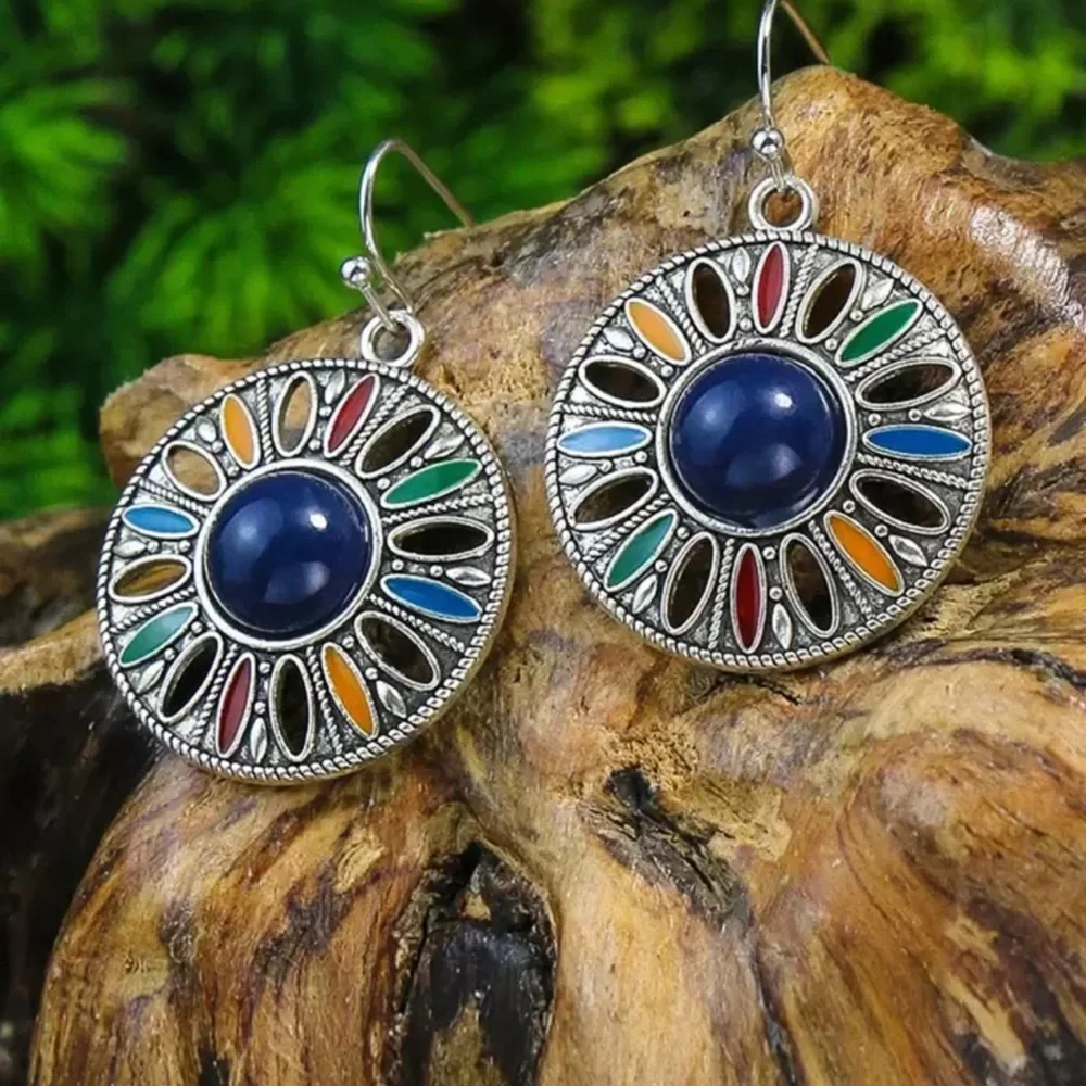 Boho Vintage Enamel Mandala Dangle Earrings Silver Tone
